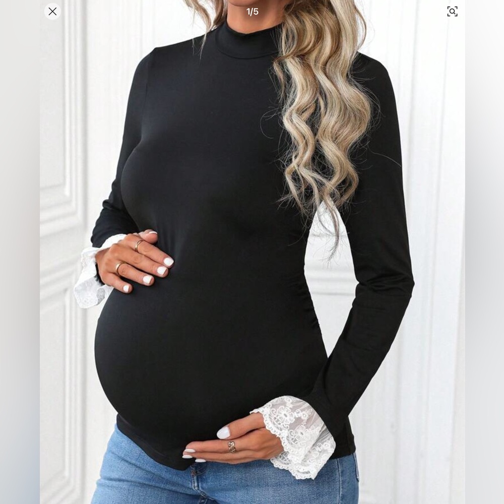 Maternity Black Stretch Top. White Lace Cuff. Sz. 14. NEW. No tags.